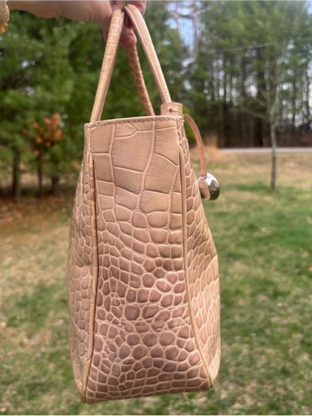 Furla Croc-Embossed Tan Leather Tote with Logo Charm - Picture 5 of 13